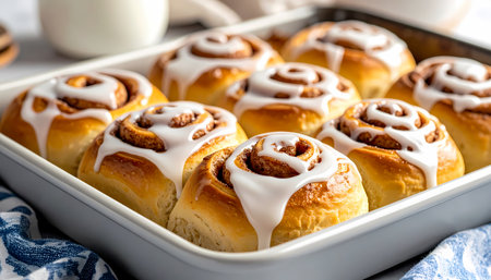A delicious tray of freshly baked homemade cinnamon roll with sweet icing. warm, inviting and comforting dessert, perfect sweet treat for breakfast or snack, evoking cozy feelingの素材