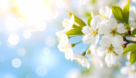 A beautiful spring blossom background with fresh white flower on branch against sunny blue sky. serene and peaceful nature scene with bright sunlight and bokehの素材