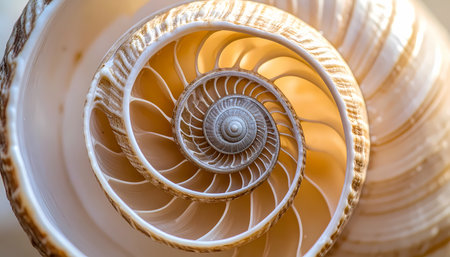 A close up of tranquil nautilus shell revealing its perfect golden spiral and natural geometry. intricate pattern of chambered structure evokes sense of harmony and wonderの素材