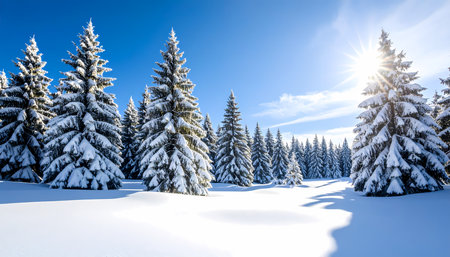 A beautiful winter landscape with snow covered forest and pine tree. bright sun with sunshine in clear blue sky creating peaceful and serene outdoor sceneの素材