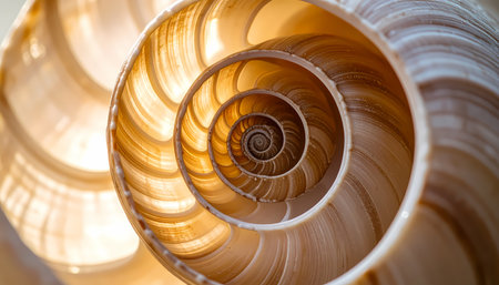 A serene macro detail of seashell interior reveals perfect spiral pattern. this beautiful abstract background shows geometry of nautilus shell in warm, golden lightの素材