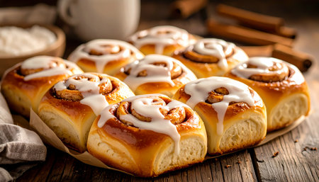 A fresh baked cinnamon roll, delicious sweet roll pastry with icing glaze. this warm and gooey dessert bun makes comforting food for breakfast or satisfying sweet treatの素材
