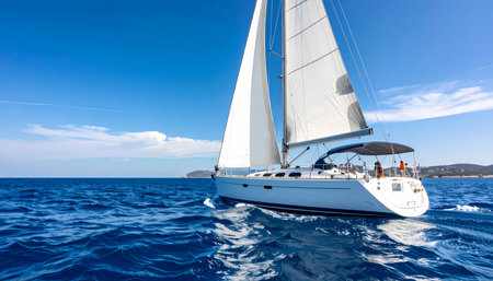 A white sailboat and luxury yacht sailing across deep blue sea on sunny summer day. relaxing vacation travel experience on calm ocean water offering sense of freedomの素材