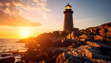 A serene lighthouse on rocky coast during golden sunset. warm light from sun shines over sea and ocean, creating beautiful and peaceful landscapeの素材