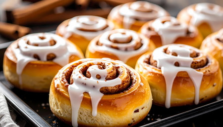 A delicious homemade cinnamon roll with sweet icing warm, baked pastry for breakfast or dessert. close up on fresh bun with sugar glaze and cozy comfort food backgroundの素材