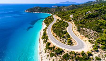 A serene aerial view of winding road along coast with beautiful turquoise sea. peaceful summer landscape perfect for travel journey or an epic road trip adventureの素材