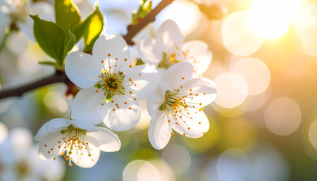 A serene close up of white flower blossom on tree branch in spring garden. beautiful nature background shows bright sun shining with warm, golden flare and bokehの素材