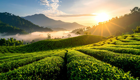 A beautiful tea plantation at sunrise. peaceful green landscape on mountain farm in morning with fog and sunlight. scenic nature view perfect for travel and tourismの素材