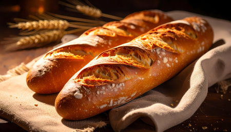 A two fresh golden brown baguettes with crusty exterior on rustic cloth. wholesome bakery food with wheat grain, perfect for traditional breakfast or healthy mealの素材