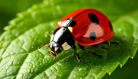 A charming red ladybug insect with black spots sits on vibrant green leaf in nature. macro closeup showing delicate beetle in spring garden environmentの素材