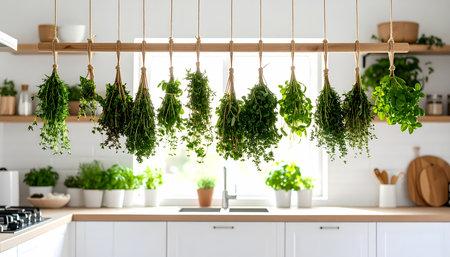 A bright kitchen with fresh green herb bunches hanging for drying. natural and aromatic method for preserving food ingredients for healthy cooking and peaceful lifestyleの素材