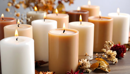 A tranquil group of lit brown candle with warm flame create peaceful light for relaxation. an autumn decoration for spa or meditation session with soft backgroundの素材