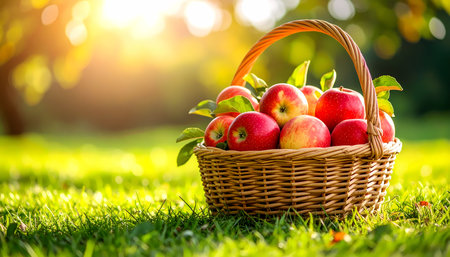 A wicker basket full of fresh red apple fruit sitting on green grass in garden. warm sunlight shines on healthy autumn harvest, peaceful scene of organic natureの素材