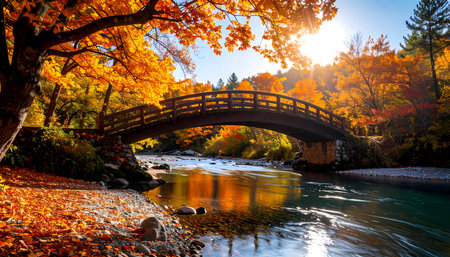 A beautiful tranquil autumn park landscape with wooden bridge over river. sun shines through orange and yellow tree leaf foliage, creating warm and peaceful water sceneの素材