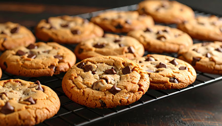 A delicious homemade chocolate chip cookies cooling on wire rack. warm, sweet dessert snack and classic treat from oven, offering comforting and nostalgic fresh baked feelingの素材