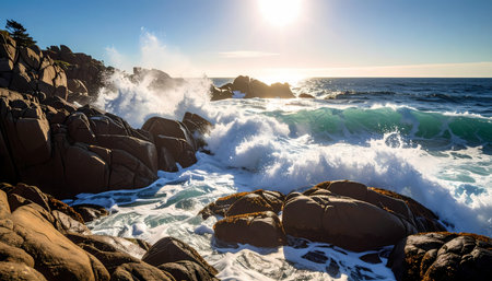 A powerful ocean wave crashing on rocky coast under bright sun. beautiful sea landscape with turbulent water creating majestic and serene natural viewの素材