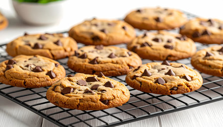 A delicious homemade chocolate chip cookie baked fresh. warm and comforting dessert or snack cooling on rack. sweet food treat for moment of pure enjoyment and indulgenceの素材