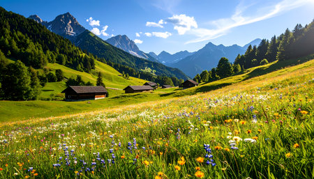 A scenic summer mountain landscape with an idyllic alpine valley. beautiful green meadow full of colorful wildflower blooms in vibrant nature. tranquil and peaceful view for travelの素材