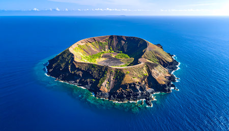 A beautiful aerial view of remote volcanic island with green crater. stunning natural landscape surrounded by deep blue ocean and calm sea, peaceful travel destinationの素材