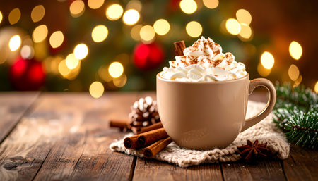 A warm mug of hot chocolate cocoa drink for cozy christmas. festive winter beverage with cinnamon, whipped cream and spice on rustic wood table with bokeh lightsの素材