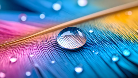 A serene macro photograph captures delicate detail of colorful feather. single transparent water drop reflects vibrant blue and yellow texture for calm, peaceful feelingの素材