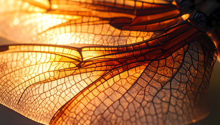 A serene macro detail of dragonfly wing in golden sunlight. delicate insect shows fragile and intricate abstract pattern, glowing with warm light of natureの素材