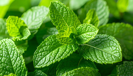 A macro closeup of fresh green mint leaf. natural and organic herb plant with an aromatic scent, common food ingredient for cooking, tea, and drinks. healthy vibrant foliageの素材