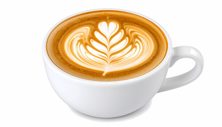 A warm and comforting coffee latte art in white cup. delicious cappuccino drink with milk foam, perfect for fresh morning or relaxing cafe break. isolated on whiteの素材
