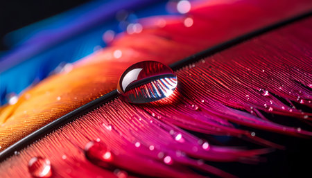 A beautiful macro detail of water drop on colorful feather. an abstract background highlights delicate reflection and vibrant texture, creating serene and artistic imageの素材