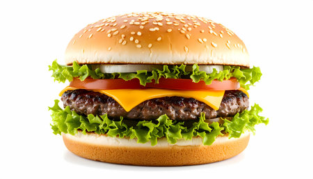 A delicious fresh cheeseburger, classic american food meal. this juicy beef hamburger sandwich with lettuce and tomato isolated on white background looking tastyの素材