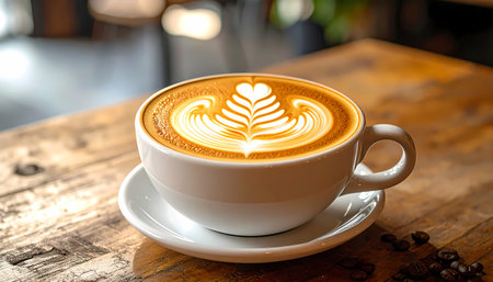 A warm cup of coffee latte with beautiful art on rustic wood table. this inviting morning drink at cozy cafe offers perfect, relaxing start to dayの素材