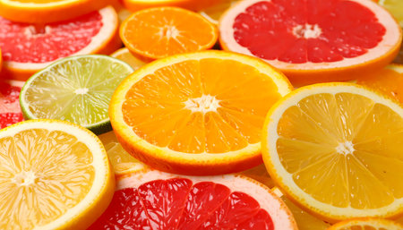 A fresh, vibrant background of various sliced citrus fruit, including orange, lemon, lime, and grapefruit. colorful, juicy assortment representing healthy diet and wellnessの素材