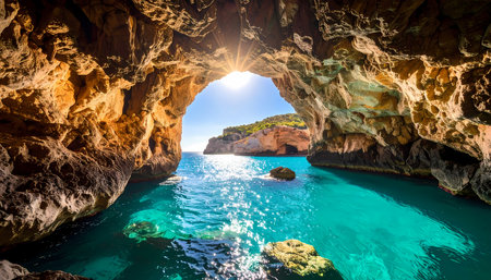 A beautiful sea cave opening to tranquil sun and turquoise water. majestic coastal rock landscape for nature travel and summer vacation, offering serene viewの素材