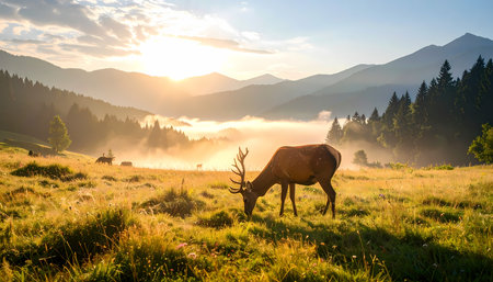 A majestic deer grazing in mountain meadow at sunrise. peaceful wildlife animal in beautiful landscape with sun, forest, and fog. serene nature scene with stagの素材
