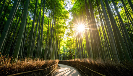 A serene path winding through beautiful green bamboo forest in kyoto, japan. bright sunlight creates stunning sunburst, peaceful nature landscape for travel and tourismの素材