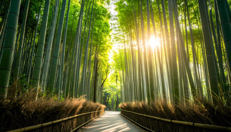 A peaceful path through tranquil green bamboo forest with golden sunlight shining. beautiful walkway in serene asian garden creating magical and hopeful natural landscapeの素材