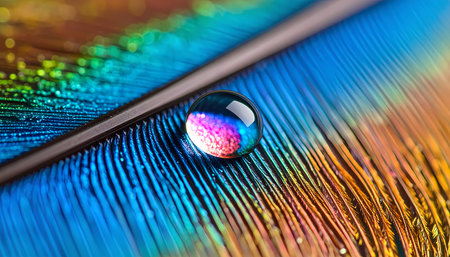 A vibrant macro closeup of single water droplet resting on beautiful iridescent peacock feather. colorful drop refracts feather delicate blue and gold textureの素材