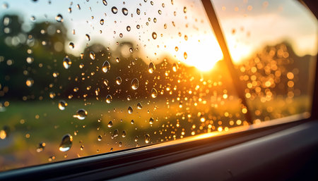A calm view from inside car showing rain drops on window with beautiful sunset. warm sun light creates serene feeling with blurry nature background during travelの素材