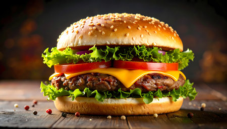 A delicious hamburger cheeseburger with beef, classic fast food lunch meal. juicy american burger sandwich with fresh lettuce, tomato, onion and cheese on wooden tableの素材