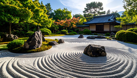 A serene japanese zen garden with raked sand, rock, and traditional temple in peaceful landscape. tranquil scene for meditation, harmony, and spirituality in natureの素材
