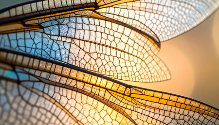 A beautiful macro detail of delicate dragonfly wing glowing with warm golden sunlight. intricate, transparent pattern and texture create serene, abstract nature backgroundの素材