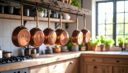 A warm, charming kitchen interior with hanging copper pot and pan on rack. rustic wooden countertop and cabinet create cozy, sunlit atmosphere in homeの素材