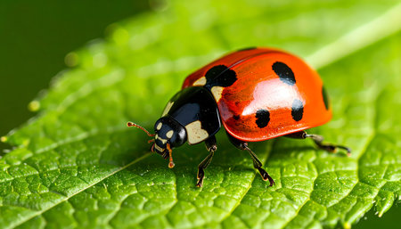 A peaceful red ladybug beetle insect on vibrant green leaf. this macro closeup detail of wildlife in nature shows beautiful, small creature in calm summer gardenの素材