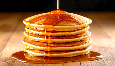 A delicious stack of fresh homemade pancakes for sweet breakfast meal. golden maple syrup pouring and dripping down sides of tasty food on wooden tableの素材