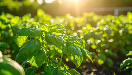 A vibrant closeup of fresh green organic basil herb plant growing in garden. natural leaf glows with warm sunlight, creating peaceful and healthy feelingの素材