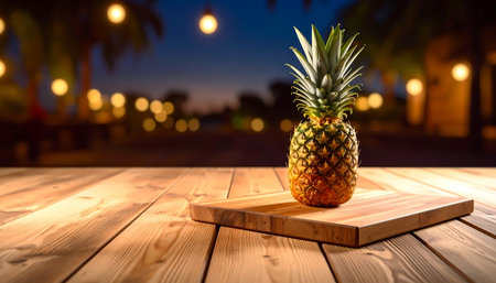 A fresh tropical pineapple fruit sits on wood table at night. warm food scene has beautiful blurred light background for relaxing summer evening feelingの素材