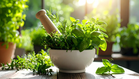 A fresh green herb like basil and rosemary in white mortar with pestle on wooden table. serene kitchen scene for healthy cooking, natural medicine, and aromatherapyの素材