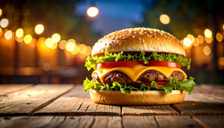 A delicious beef cheeseburger meal on rustic wood table. this classic hamburger food has warm outdoor background with bokeh light, creating an inviting atmosphere for dinnerの素材