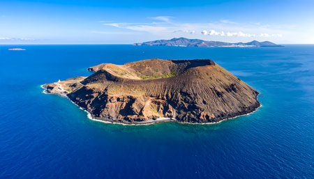 A majestic aerial view of volcanic island crater in santorini, greece. serene landscape showing famous landmark surrounded by deep blue sea, perfect travel spotの素材
