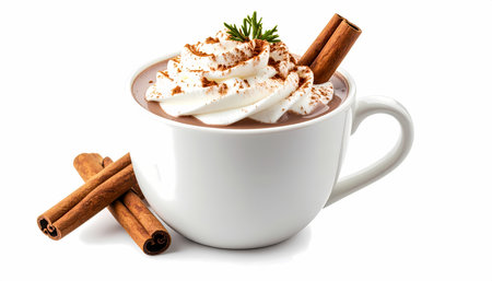 A cozy mug of delicious hot chocolate topped with whipped cream, cocoa, and cinnamon. sweet, warm winter beverage perfect for comfort, isolated on white backgroundの素材